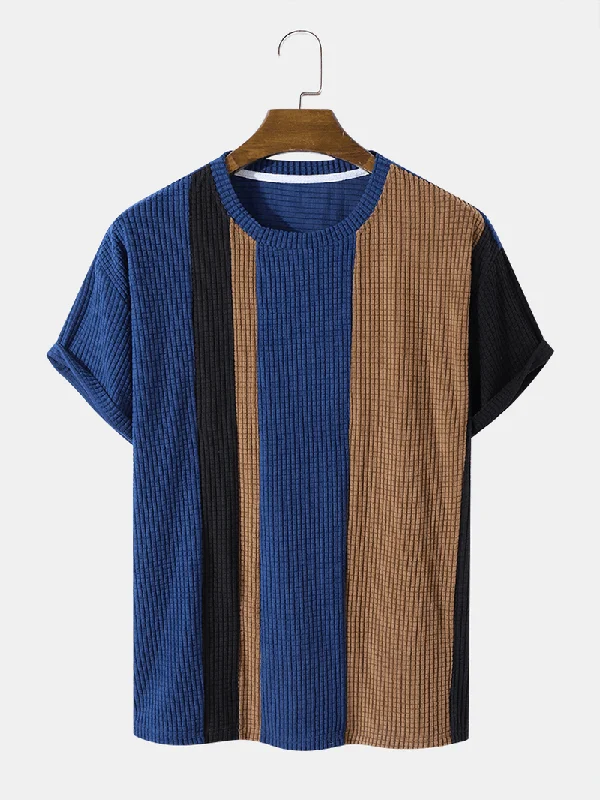 Mens Corduroy Veins Color Block Casual T-Shirts Artistic Women's Avant - 