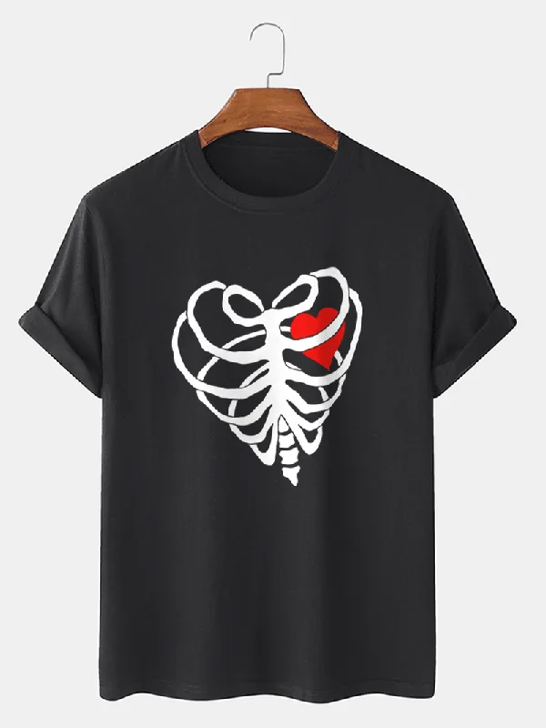 Mens Casual Heart-Shaped Skeleton Cotton Hem Cuff T-Shirt Cozy Women's Sherpa - lined