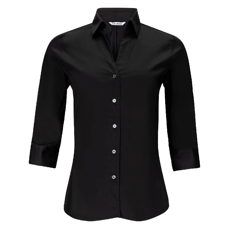 3/4 Sleeve Cotton Blouse - Black Trendy Women's Oversized