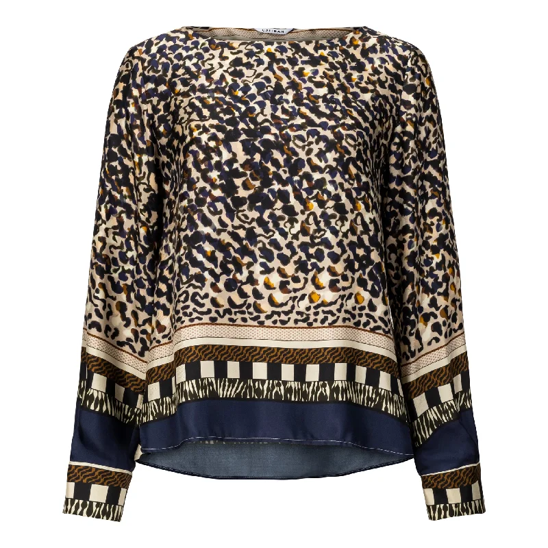 Geometrical Leopard Silk Boat Neck Blouse Modern Women's Tech
