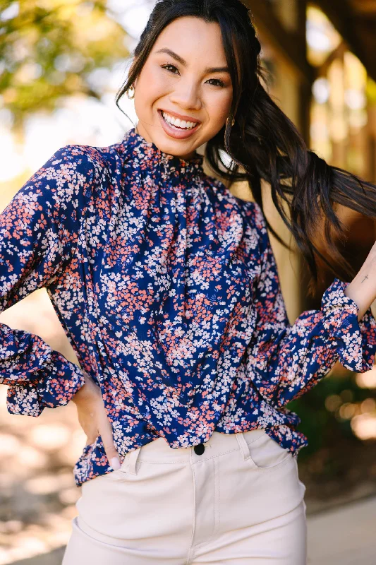 This Is The Time Navy Blue Ditsy Floral L/S Blouse Sporty Women's Tennis
