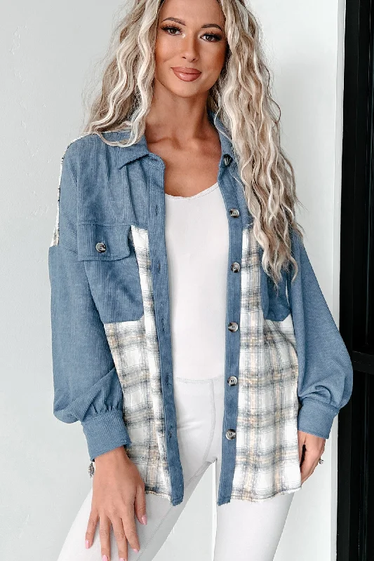 So Plaid You're Mine Waffle Plaid Shacket (Denim Blue) Cool Women's Skate