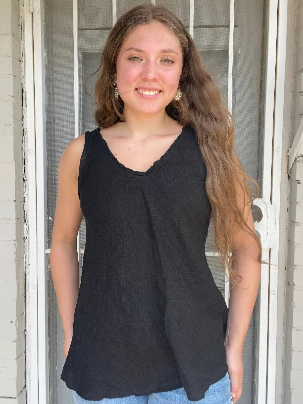 BLACK Ruffled V-Neck Linen Tank Casual Women's Japanese 