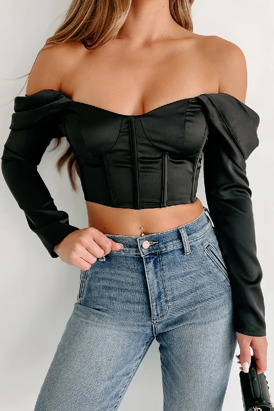 In My Sassy Mode Off The Shoulder Crop Corset Top (Black) Sleek Women's 