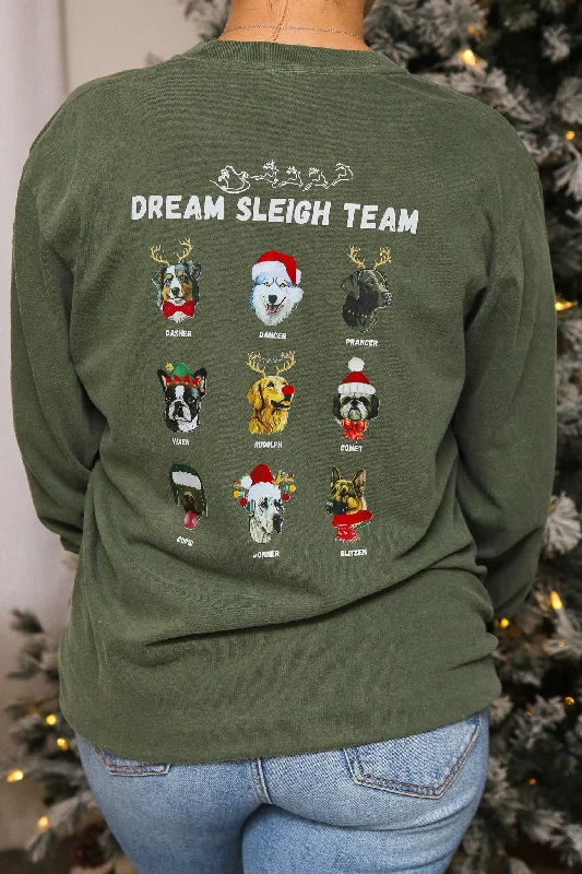 Dog Sleigh Team Long Sleeve Graphic Tee (olive) Dapper Women's Bow - adorned
