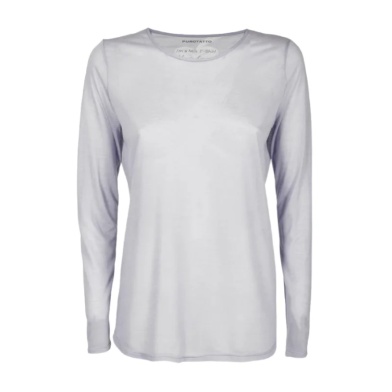 Long Sleeve Milk Crew Neck Top - Light Grey Cozy Women's Sherpa - lined