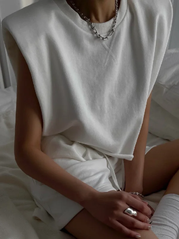 White Sleeveless Shoulder Pad T-shirt Cozy Women's Winter