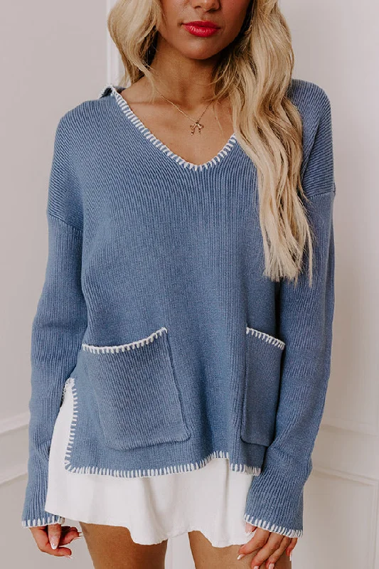 Small Town Romance Knit Sweater Top in Blue Relaxed Women's Beachy