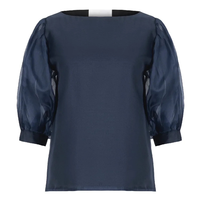 Organdy Puff Sleeve Blouse - Navy Business