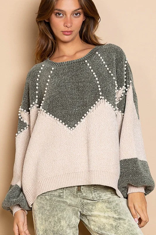 Katie Pearl Embellished Colorblock Sweater (Smoke Green) Edgy Women's Punk