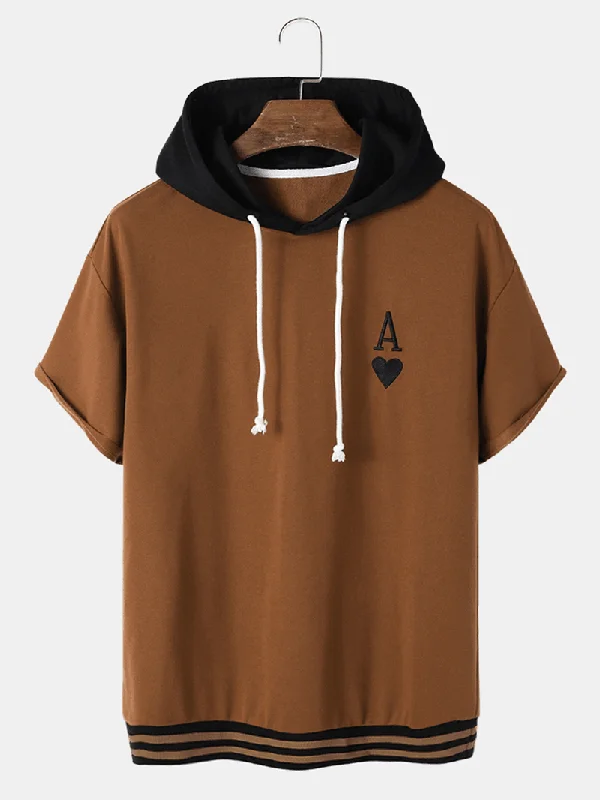 Mens Two Tone a Poker Embroidery Patchwork Drop Shoulder Casual Hooded T-Shirts Country