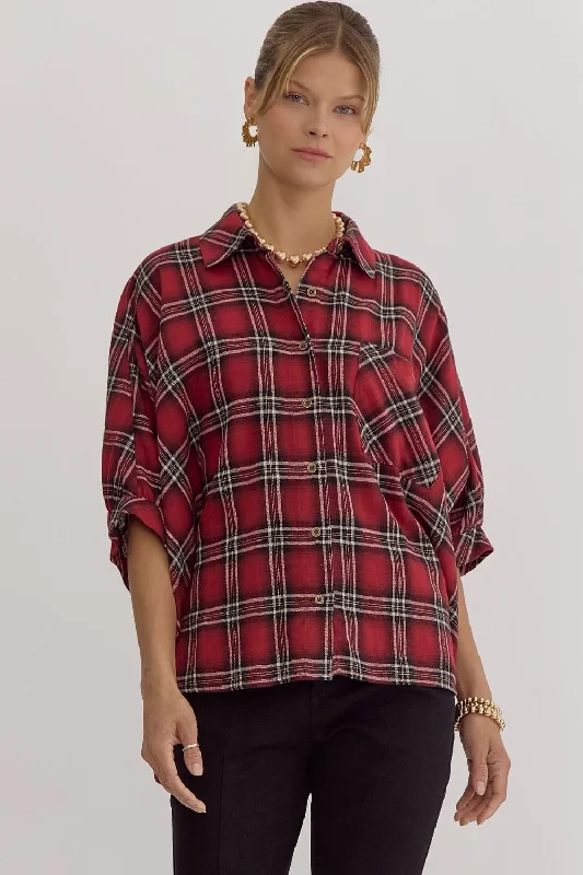 Oversize Plaid Button Down Half Sleeve Top Feminine Women's Style 