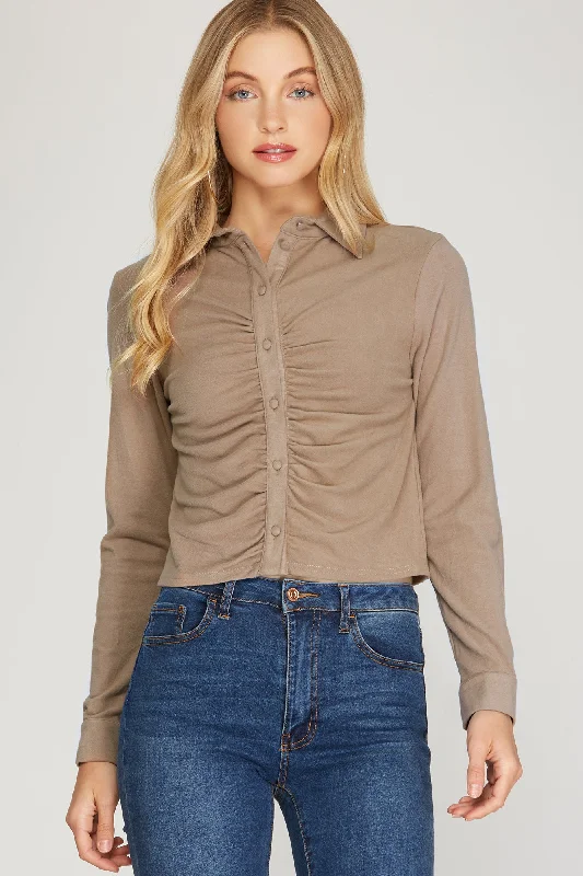 Long Cuff Sleeve Brushed Stretch Knit Top With Front Shirring Detail Feminine Women's Soft Long Cuff Sleeve Brushed Stretch Knit Top With Front Shirring Detail Feminine Women's Soft