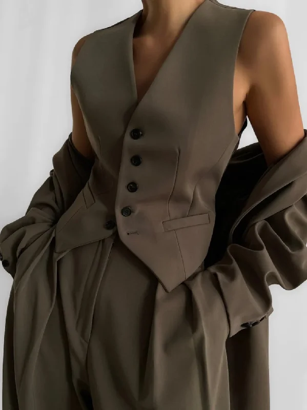 Khaki Button Up Vest Classic Women's Tweed