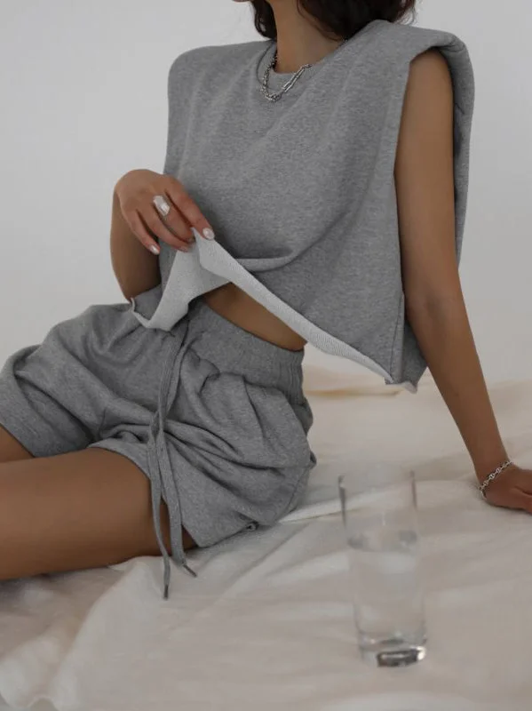 Grey Sleeveless Shoulder Pad T-shirt French