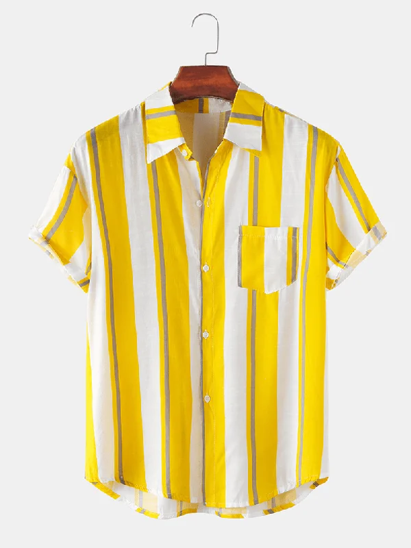 Mens Thin & Light Cotton Stripe Print Holiday Short Sleeve Shirts Sleek Women's Metallic