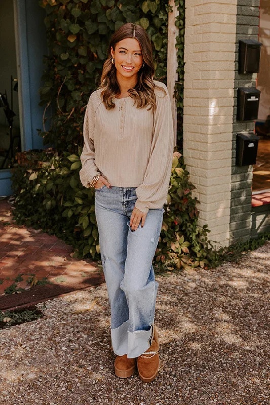 Casual Comforts Henley Top in Beige Sporty Women's Athleisure 