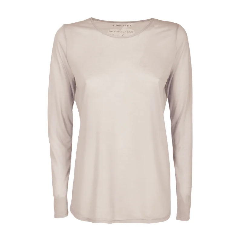 Long Sleeve Milk Crew Neck Top - Beige Bold Women's Statement