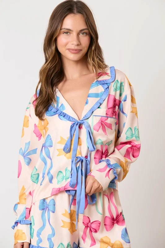 Multi Color Ribbon Printed Pajama Shirt Bold Women's Statement