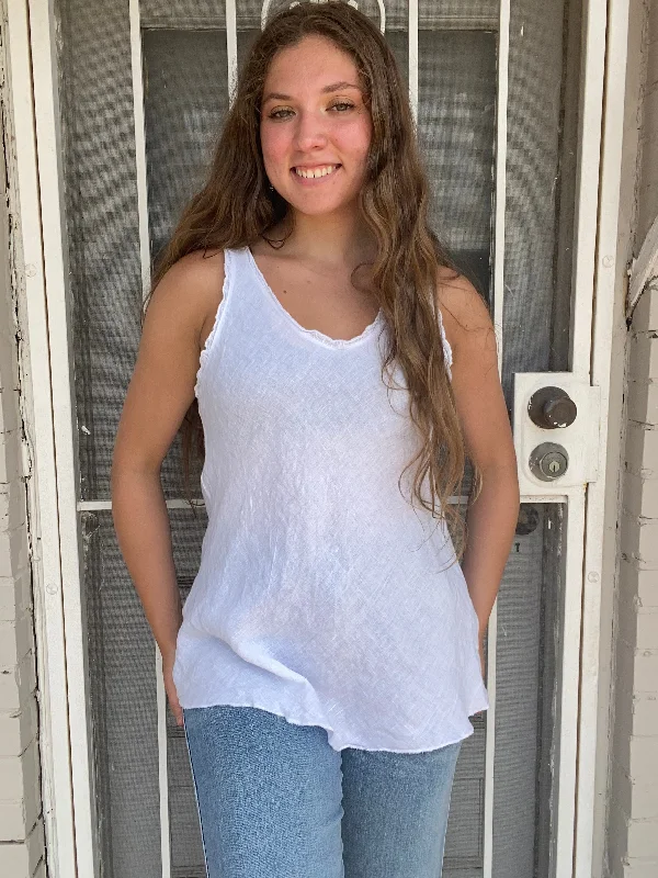 WHITE Ruffled V-Neck Linen Tank French