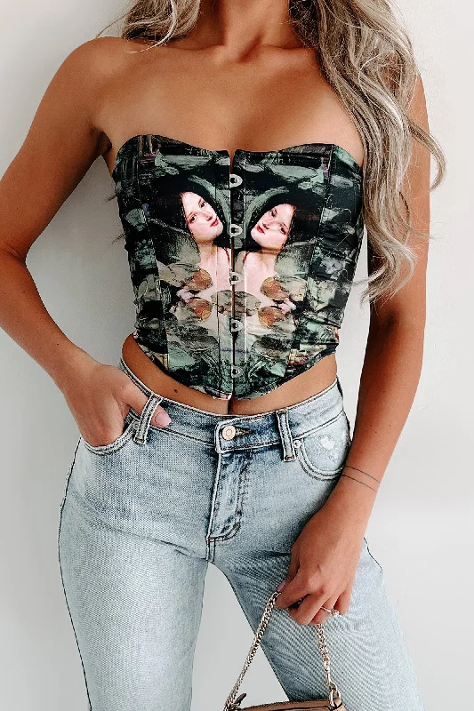 Angelic Women Ethereal Print Lace-Up Corset Top (Black Multi) Dapper Women's Bow - adorned