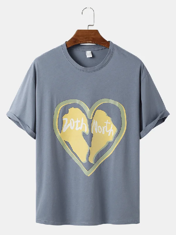Mens Cotton Heart Shaped Print Crew Neck T-Shirts Hip Women's Retro