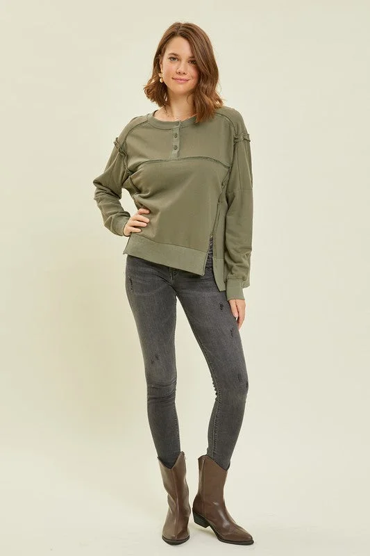 Endless Patience Oversized Long Sleeve Top (Olive) Practical Women's Multi - 