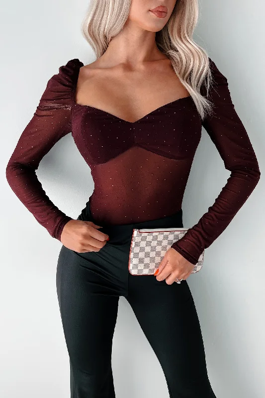 Easy To Remember Rhinestone Mesh Bodysuit (Dark Cherry) Traditional Women's Wool