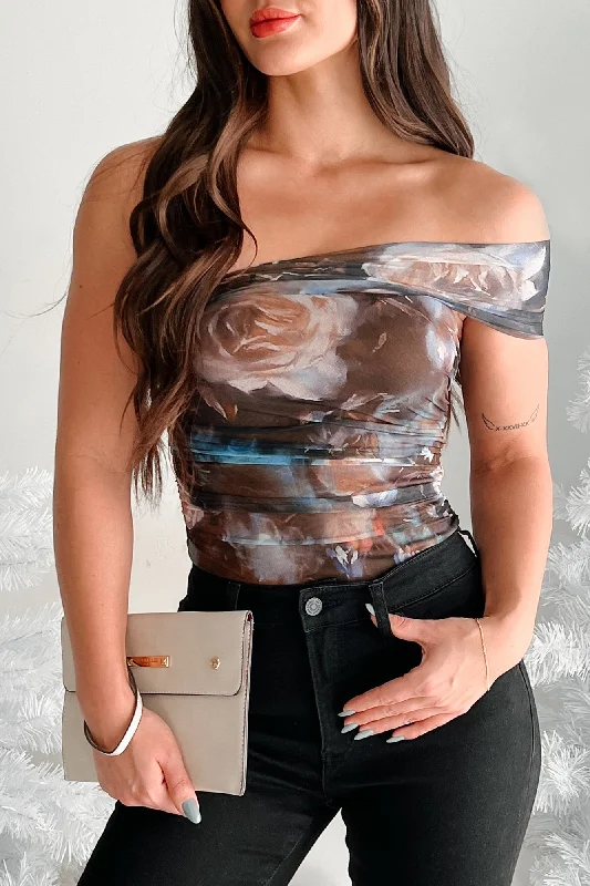 Maven Asymmetric Floral Mesh Bodysuit (Brown Multi) Trendy Women's 