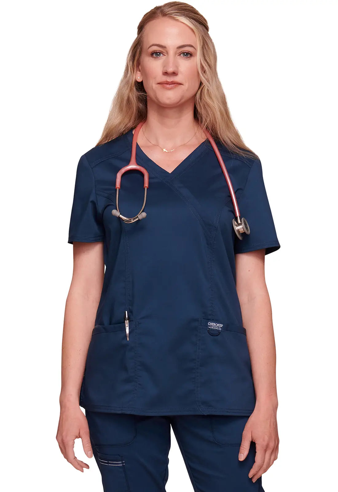 Cherokee Women's 3-Pocket Mock Wrap Top - Navy Contemporary 