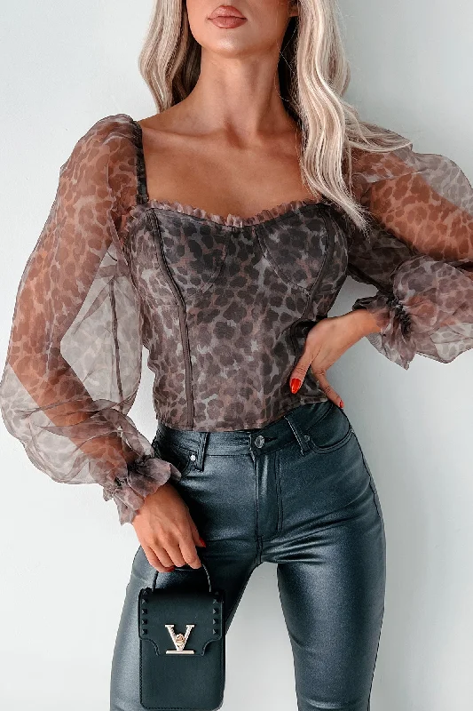 Slay Everyday Leopard Organza Puff Sleeve Top (Leopard) Youthful Women's Anime - inspired