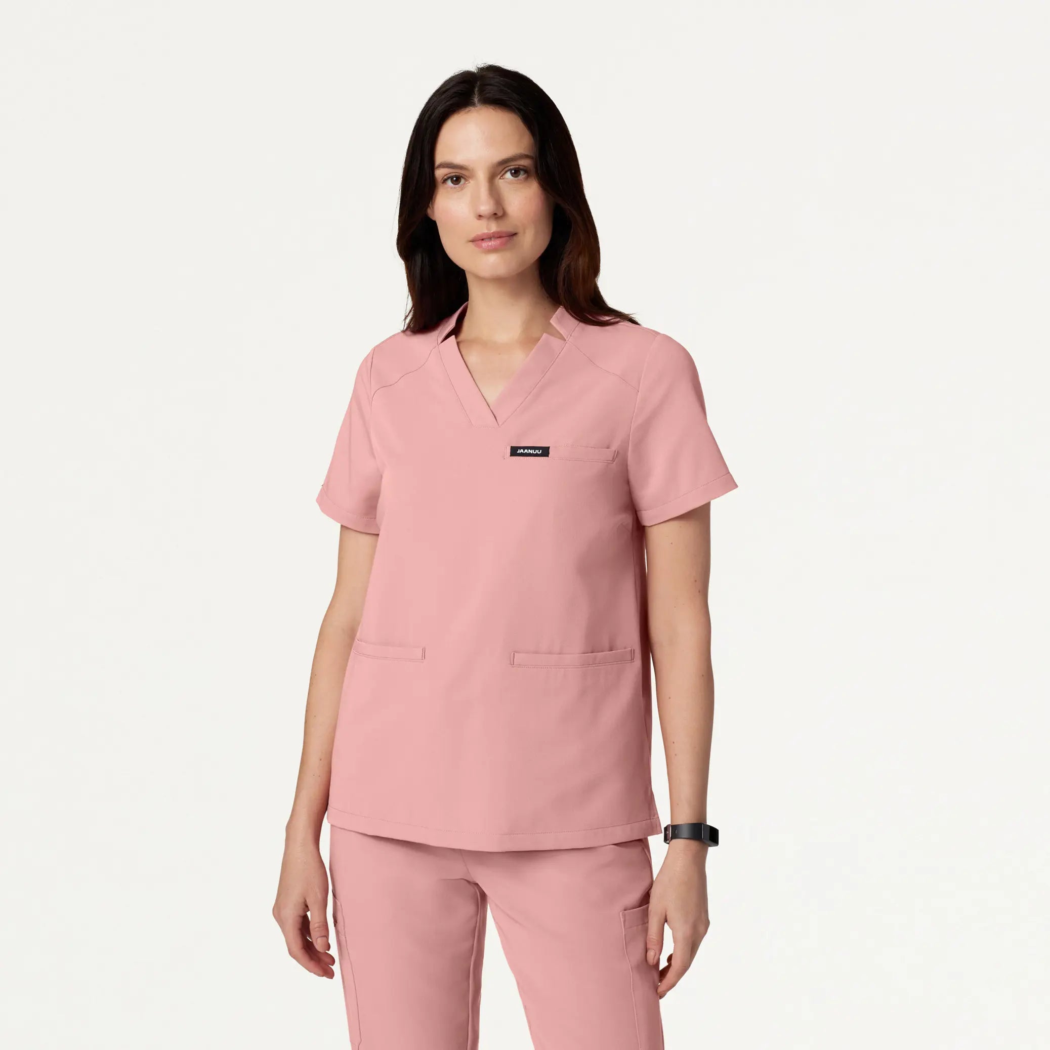Jaanuu Women's Helia Notched V-Neck Scrub Top - Mauve Trendy Women's 