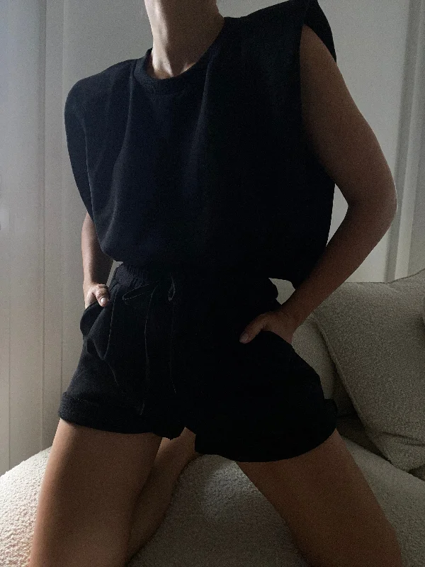Black Sleeveless Shoulder Pad T-shirt Sustainable Organic