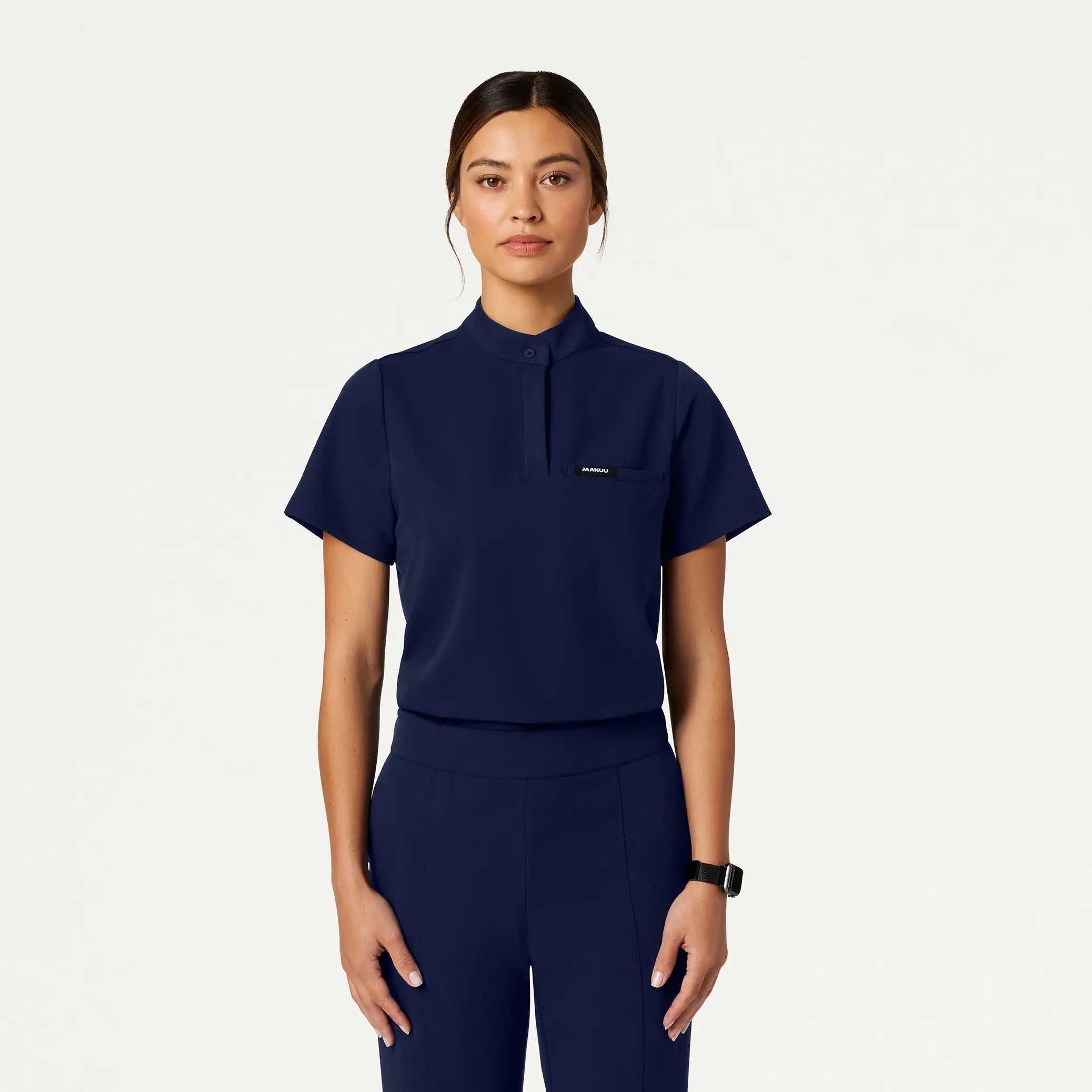 Jaanuu Women's Savi Tuck-In Stand-Collar Scrub Top - Midnight Navy Monochromatic All - in - one