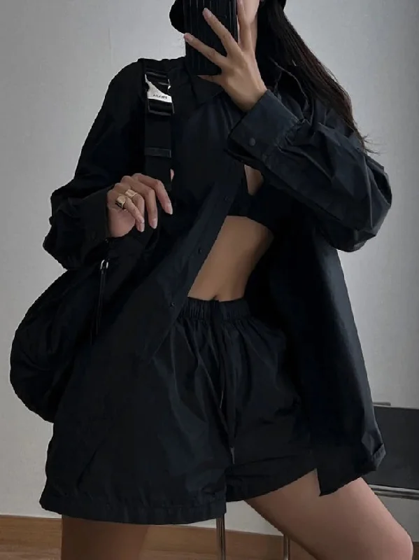 Black Button Slit Shirt and Shorts Set Refined Women's Classic 