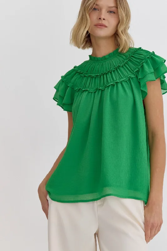 Pleated Ruffle Short Sleeve Top Artistic Women's Hand - painted