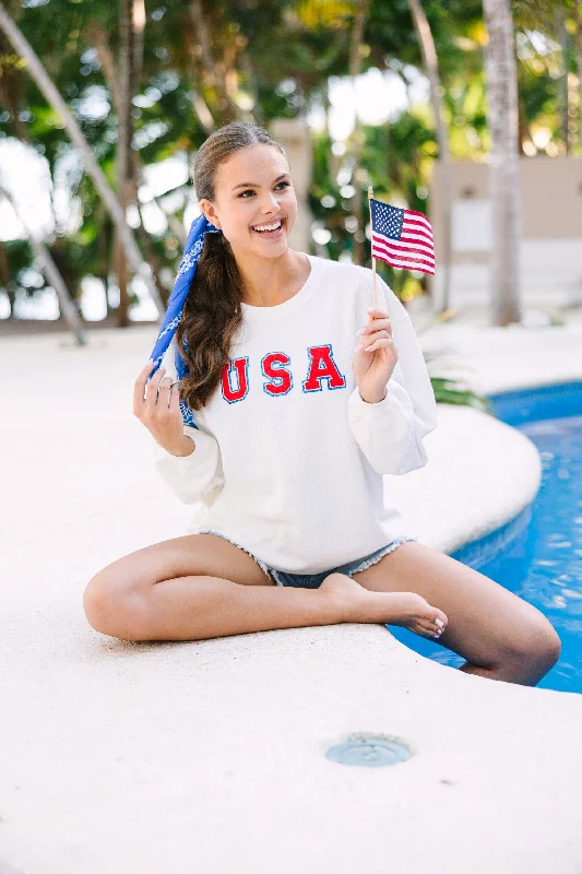 USA Patriotic White Varsity Corded Sweatshirt Sleek Women's Metallic
