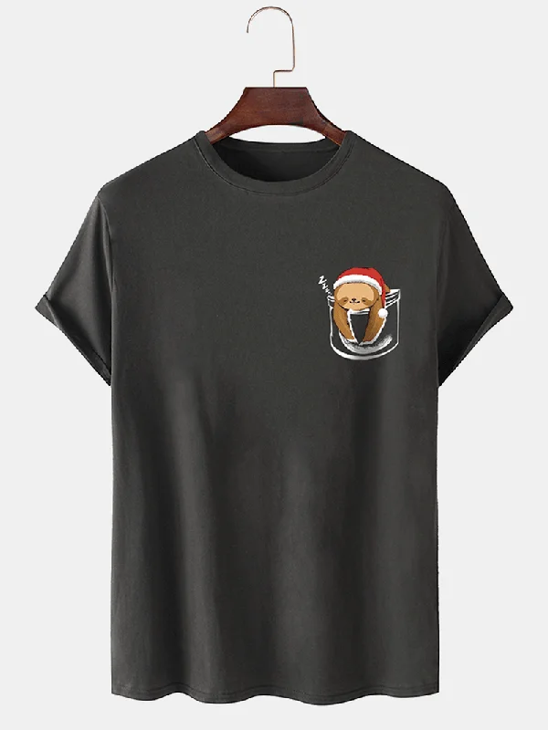 Mens 100% Cotton Christmas Bear O-Neck Solid Color Thin T-Shirt Trendy Women's Oversized