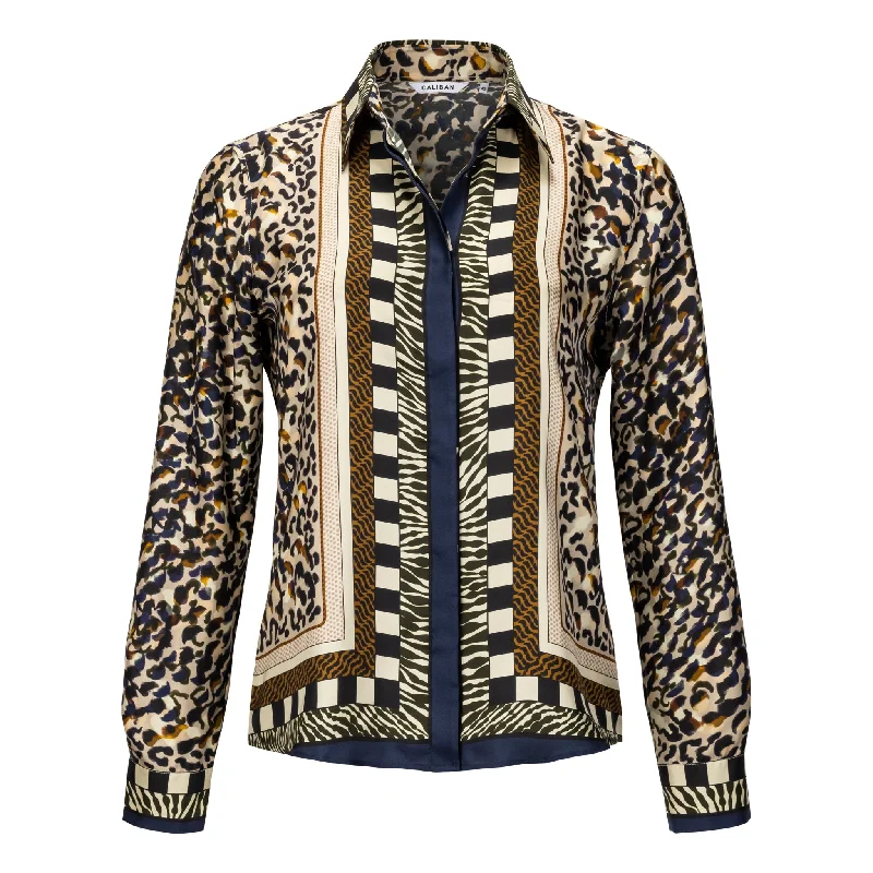 Leopard Silk Button Down Blouse - Navy Laid - back Women's Vibe