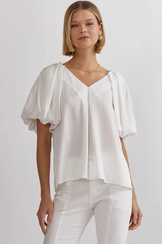 Solid Satin V-Neck Bubble Sleeve Top Polished Women's Silk