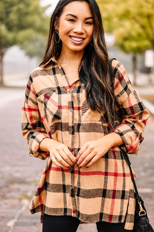 What You Like Mocha Brown Plaid Button Down Top Luxurious Women's High -  end