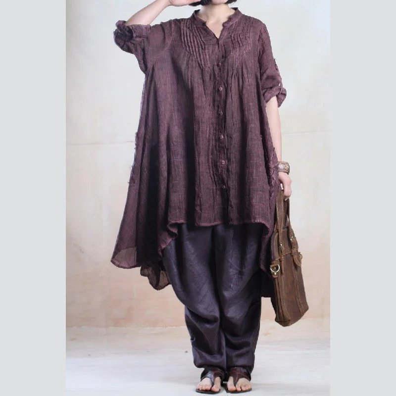 fall dresses vintage asymmetrical linen dress caftans overize in blackish purple British Gentlewoman Style fall dresses vintage asymmetrical linen dress caftans overize in blackish purple British Gentlewoman Style