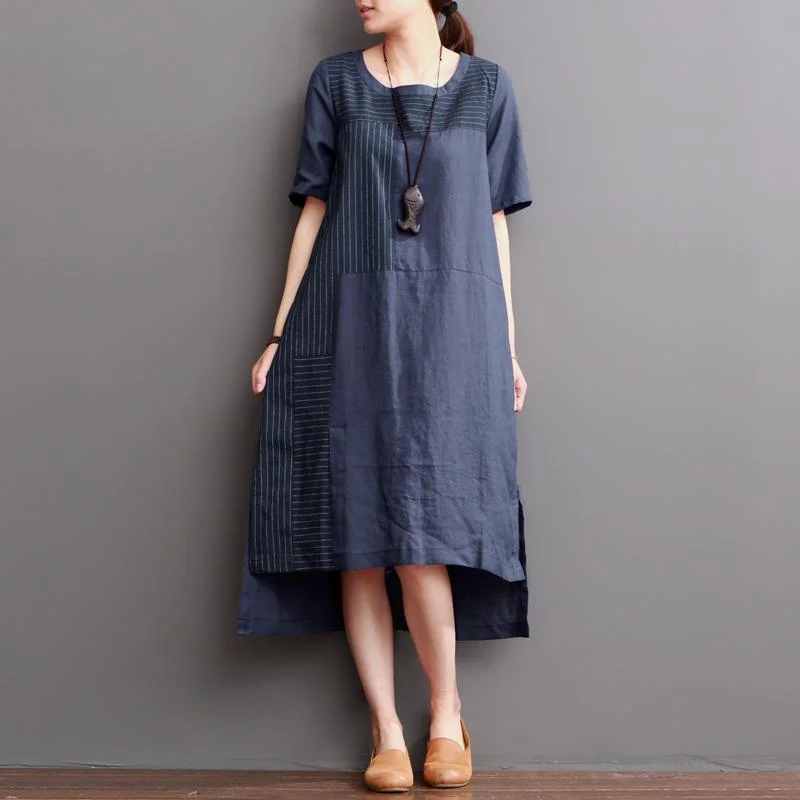 Navy linen dresses for summer patchwork asymmetrical desgin sundress Luxurious Women's High - end Navy linen dresses for summer patchwork asymmetrical desgin sundress Luxurious Women's High - end