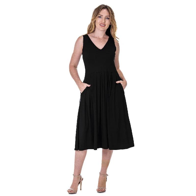 24seven Comfort Apparel Fit and Flare Midi Sleeveless Dress with Pocket Detail Rugged Women's Outdoor 