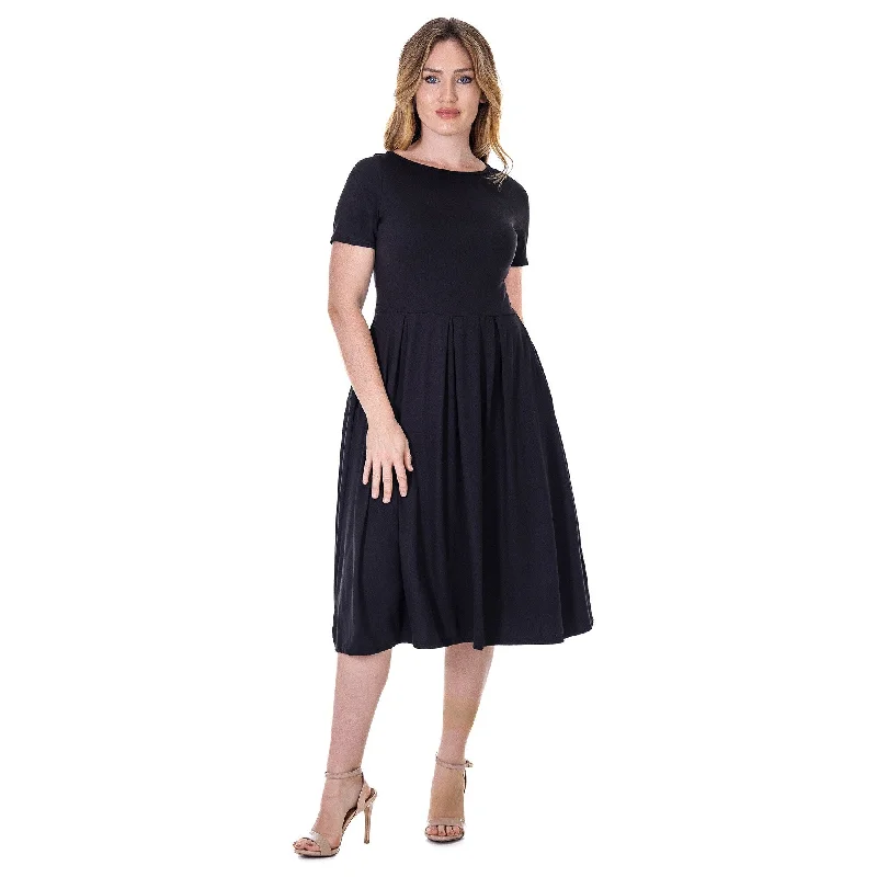 24seven Comfort Apparel Midi Dress with Short Sleeves and Pocket Detail Luxurious Women's High - end 24seven Comfort Apparel Midi Dress with Short Sleeves and Pocket Detail Luxurious Women's High - end