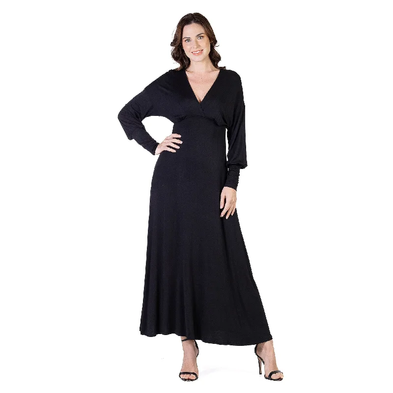 24seven Comfort Apparel V-Neck Long Sleeve Maxi Dress Refined Women's Velvet