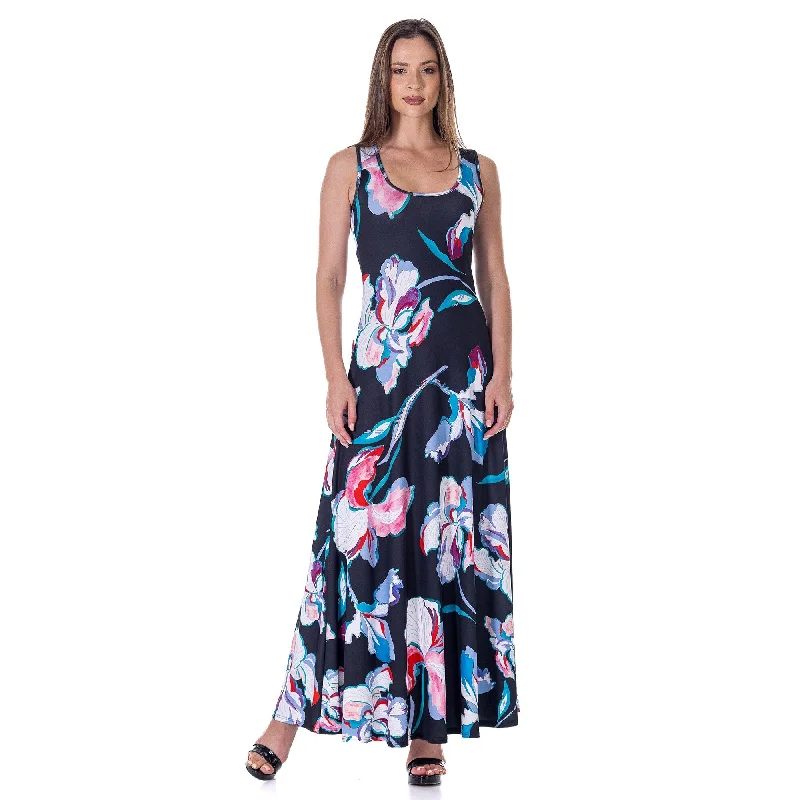 24seven Comfort Apparel Womens Black Floral Print Scoop Neck A Line Sleeveless Maxi Dress Trendy Women's 24seven Comfort Apparel Womens Black Floral Print Scoop Neck A Line Sleeveless Maxi Dress Trendy Women's