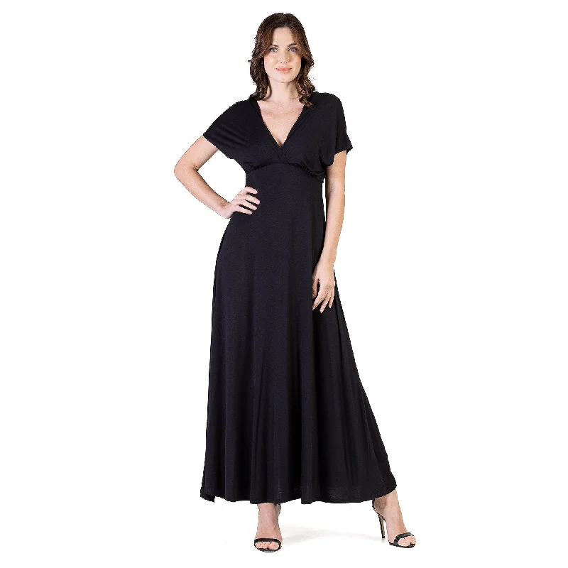 24seven Comfort Apparel Womens Cap Sleeve V Neck Maxi Dress Monochromatic Office Style