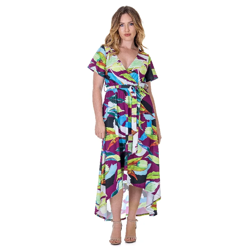 24seven Comfort Apparel Womens Colorful Floral V Neck Belted High Low Faux Wrap Dress Stylish Women's Neon 24seven Comfort Apparel Womens Colorful Floral V Neck Belted High Low Faux Wrap Dress Stylish Women's Neon