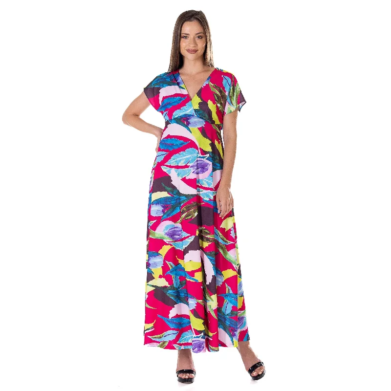24seven Comfort Apparel Womens Floral Print V Neck Empire Waist Kimono Cap Sleeve Maxi Dress Geometric 24seven Comfort Apparel Womens Floral Print V Neck Empire Waist Kimono Cap Sleeve Maxi Dress Geometric